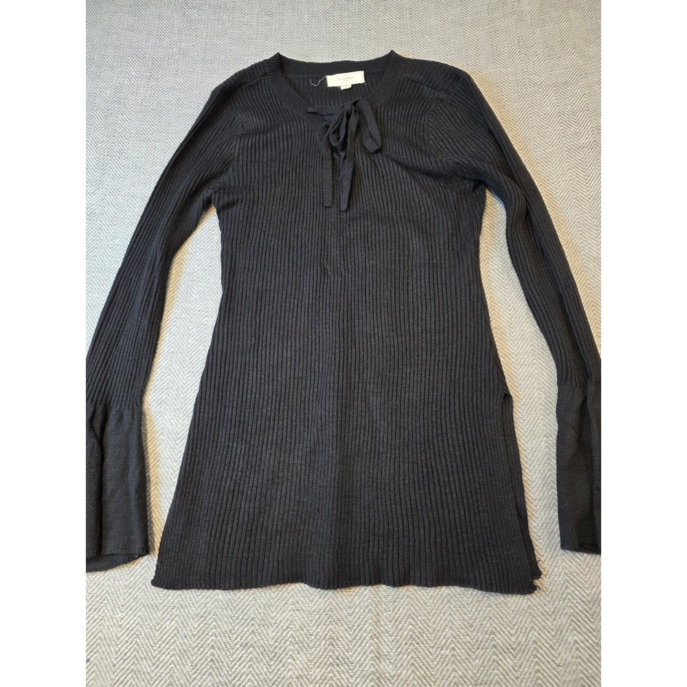 No Comment Tunic Sweater Women Medium Black Ribbed Bell Sleeve Tie Neck Pullover